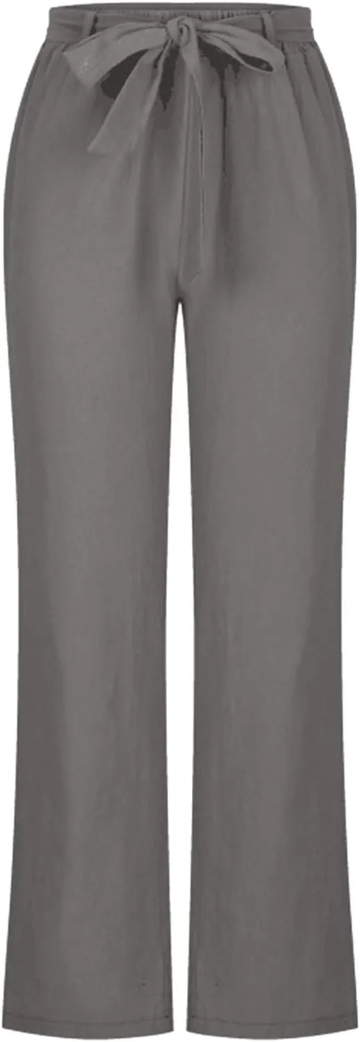 Wide Leg Cotton Linen Pants for Women Drawstring Elastic Waist Lounge Trousers Summer Casual Loose Lightweight Beach Pants