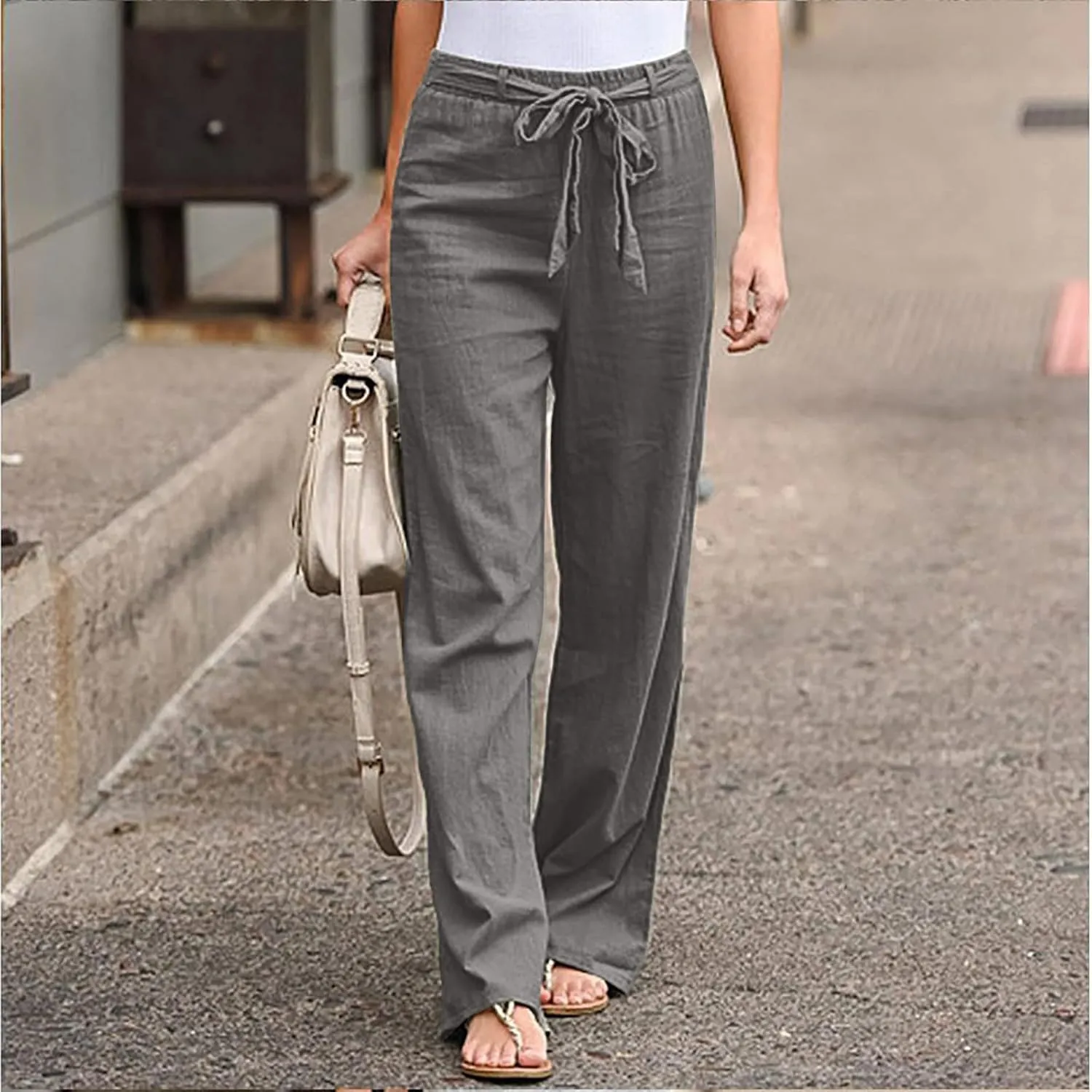 Wide Leg Cotton Linen Pants for Women Drawstring Elastic Waist Lounge Trousers Summer Casual Loose Lightweight Beach Pants