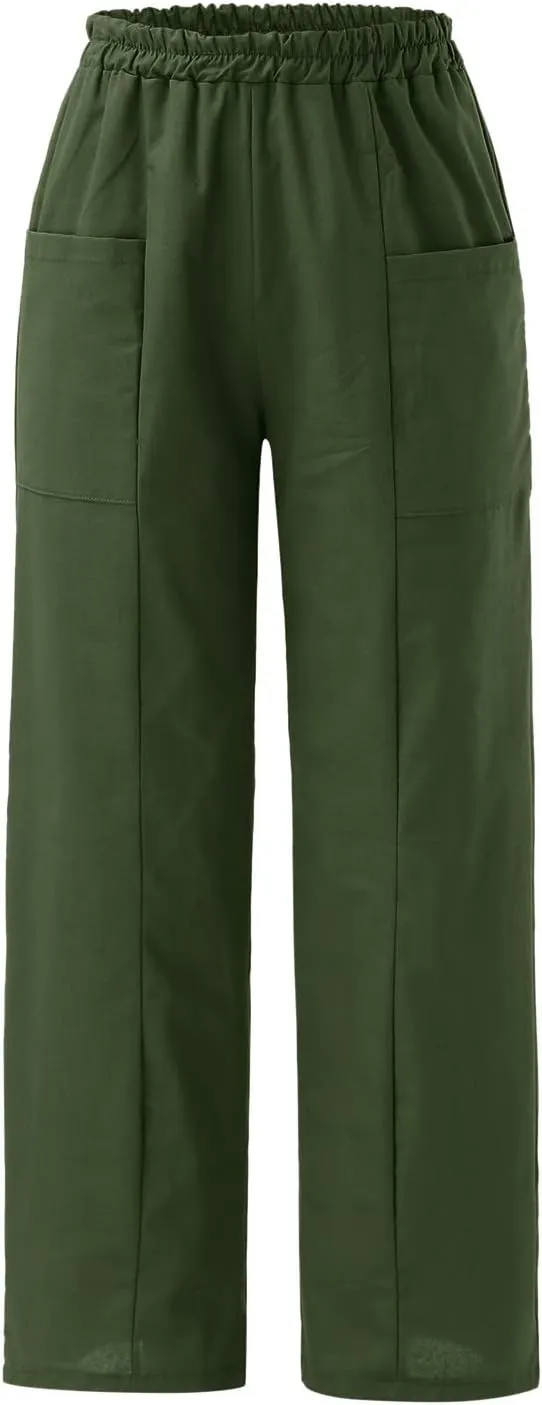 Wide Leg Cotton Linen Pants for Women Drawstring Elastic Waist Summer Beach Pants Casual Loose Lounge Trousers with Pockets