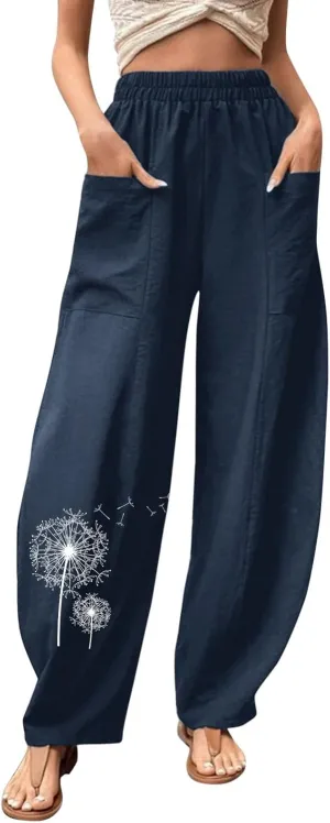 Wide Leg Cotton Linen Pants for Women Drawstring Elastic Waist Summer Beach Pants Casual Loose Lounge Trousers with Pockets