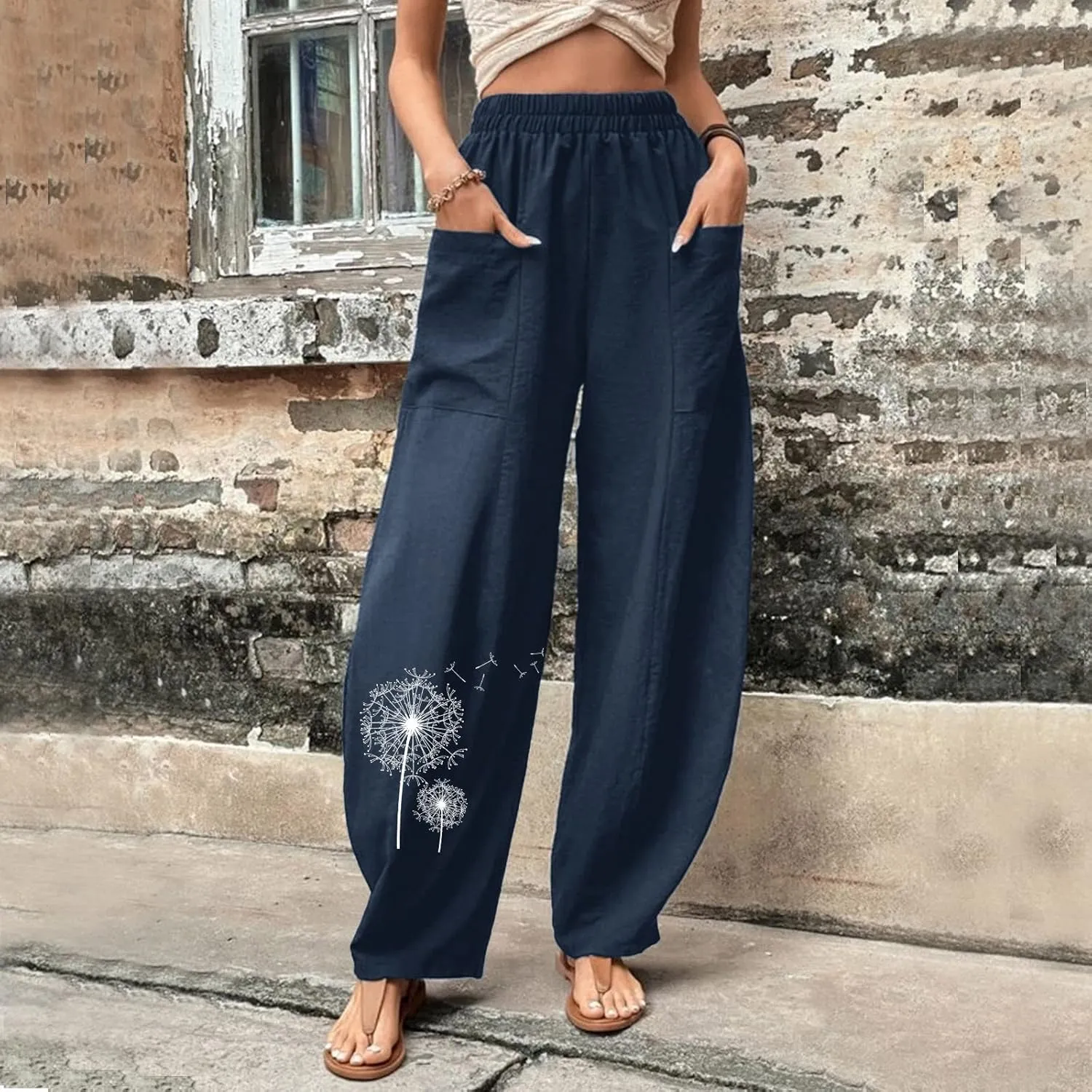 Wide Leg Cotton Linen Pants for Women Drawstring Elastic Waist Summer Beach Pants Casual Loose Lounge Trousers with Pockets