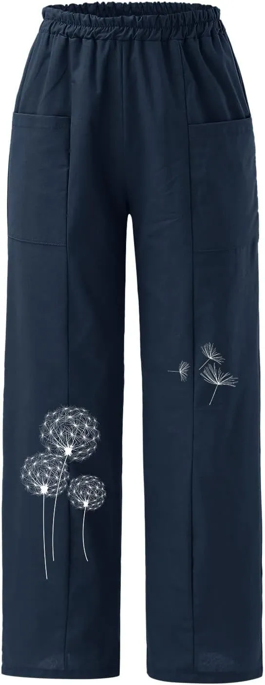 Wide Leg Cotton Linen Pants for Women Drawstring Elastic Waist Summer Beach Pants Casual Loose Lounge Trousers with Pockets