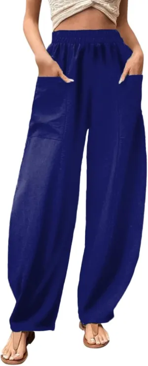 Wide Leg Cotton Linen Pants for Women Drawstring Elastic Waist Summer Beach Pants Casual Loose Lounge Trousers with Pockets