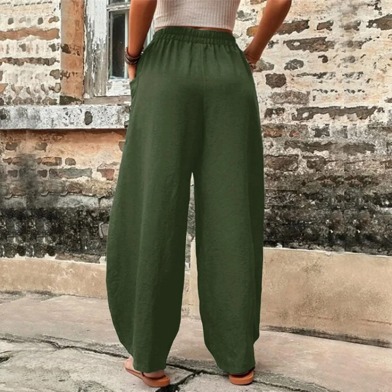 Wide Leg Cotton Linen Pants for Women Drawstring Elastic Waist Summer Beach Pants Casual Loose Lounge Trousers with Pockets
