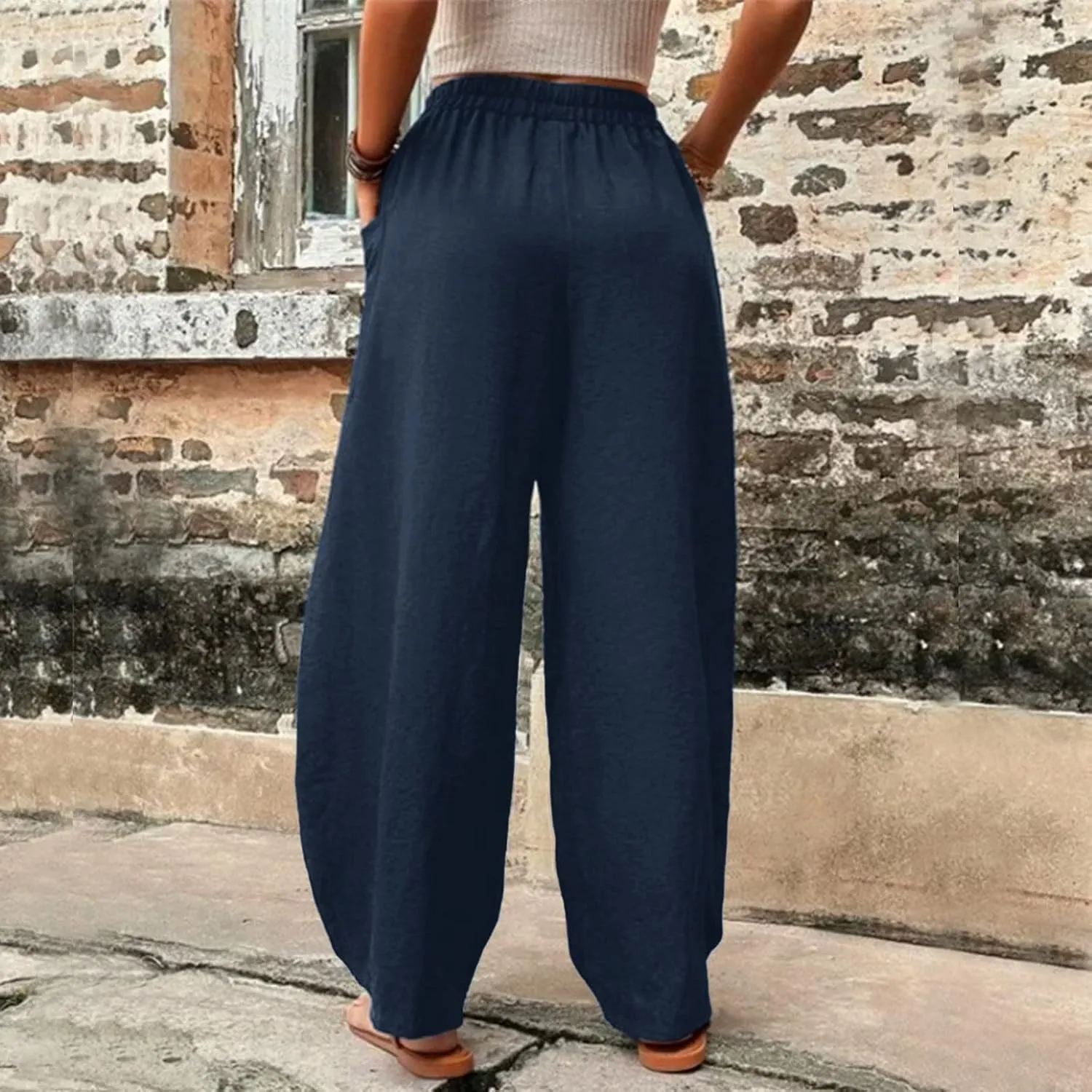 Wide Leg Cotton Linen Pants for Women Drawstring Elastic Waist Summer Beach Pants Casual Loose Lounge Trousers with Pockets