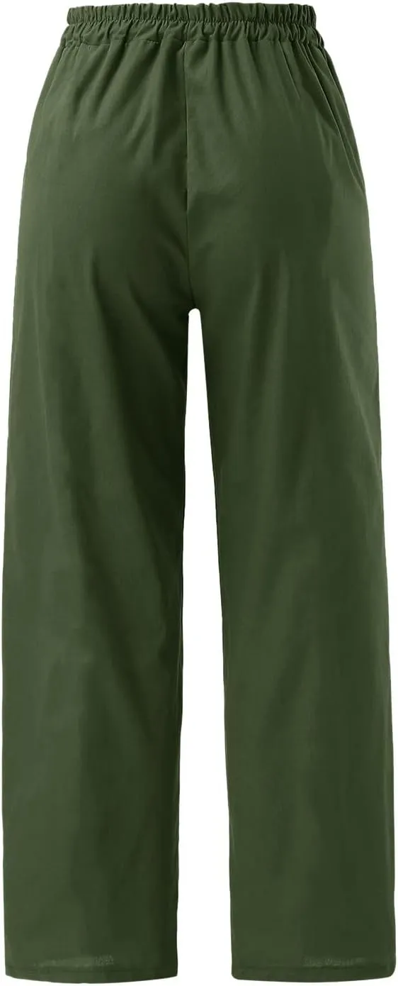 Wide Leg Cotton Linen Pants for Women Drawstring Elastic Waist Summer Beach Pants Casual Loose Lounge Trousers with Pockets