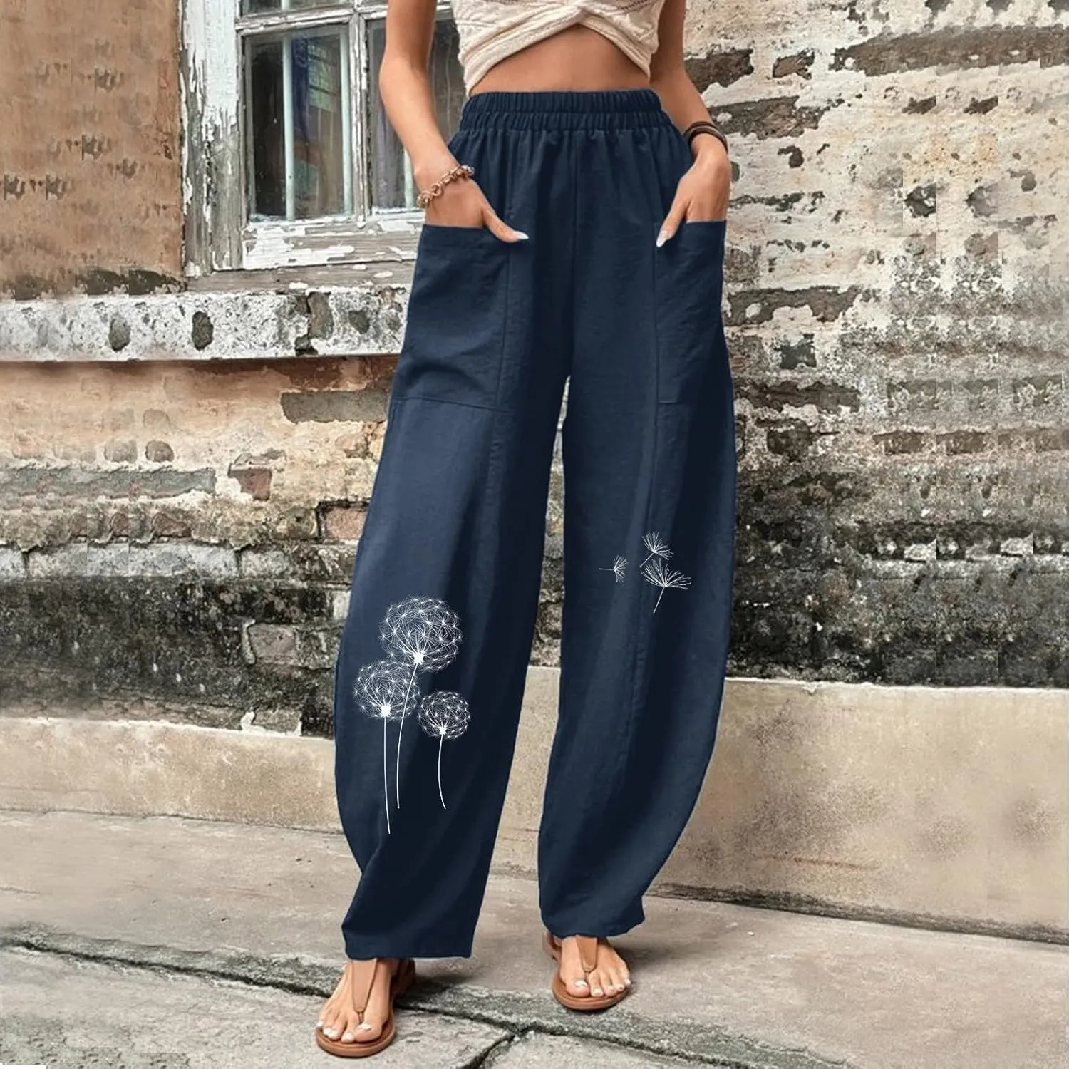 Wide Leg Cotton Linen Pants for Women Drawstring Elastic Waist Summer Beach Pants Casual Loose Lounge Trousers with Pockets