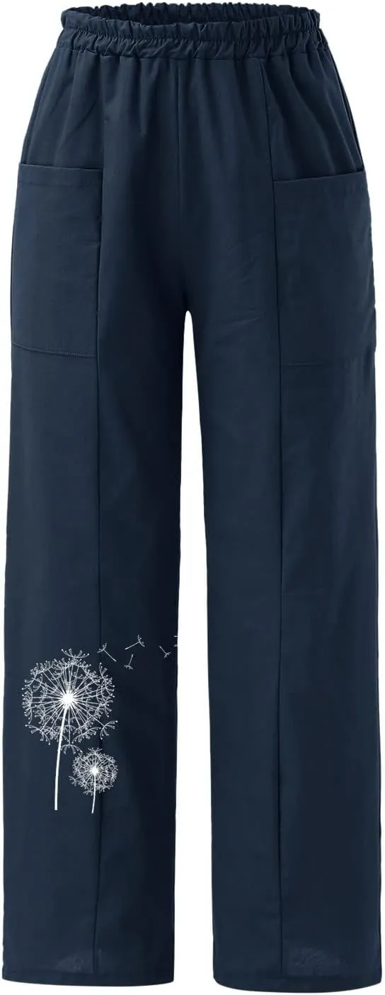 Wide Leg Cotton Linen Pants for Women Drawstring Elastic Waist Summer Beach Pants Casual Loose Lounge Trousers with Pockets