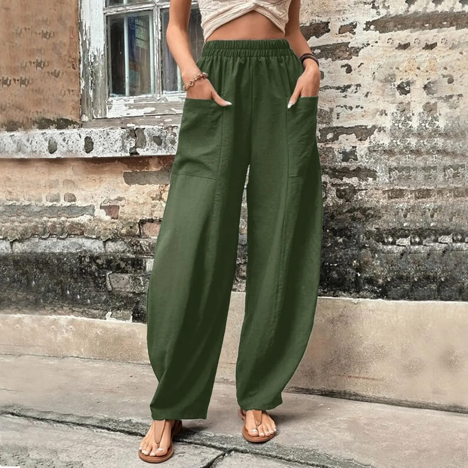 Wide Leg Cotton Linen Pants for Women Drawstring Elastic Waist Summer Beach Pants Casual Loose Lounge Trousers with Pockets