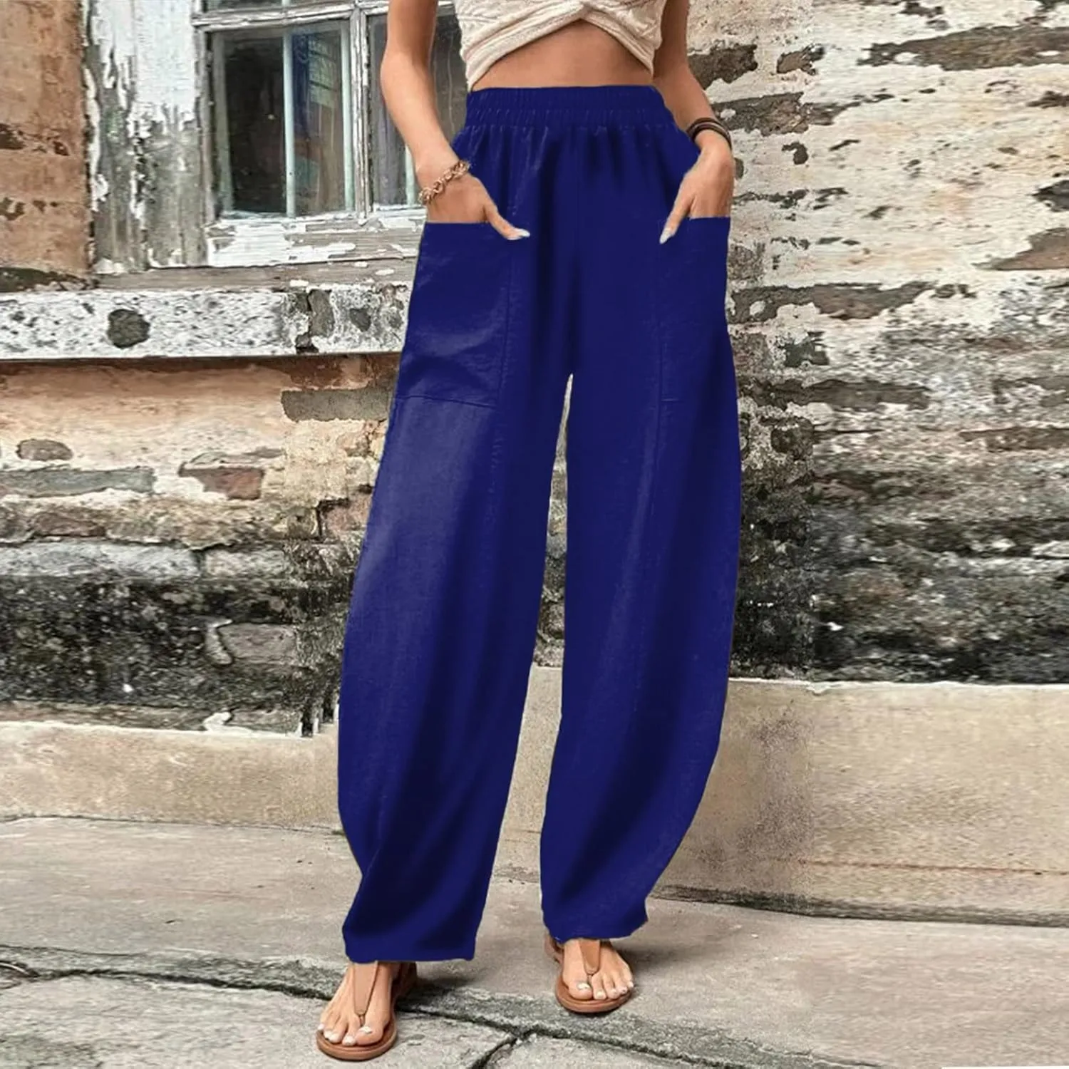 Wide Leg Cotton Linen Pants for Women Drawstring Elastic Waist Summer Beach Pants Casual Loose Lounge Trousers with Pockets