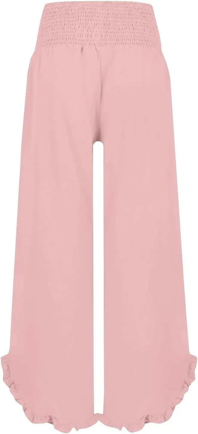 Wide Leg Linen Pants for Women Casual Summer High Waisted Palazzo Pants Baggy Ruffle Hem Vacation Beach Pants