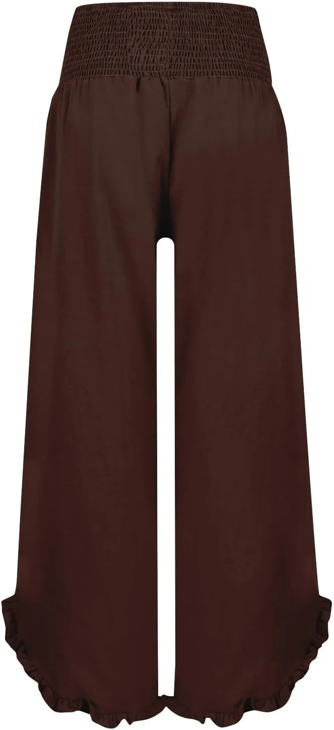 Wide Leg Linen Pants for Women Casual Summer High Waisted Palazzo Pants Baggy Ruffle Hem Vacation Beach Pants