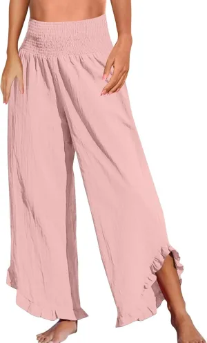 Wide Leg Linen Pants for Women Casual Summer High Waisted Palazzo Pants Baggy Ruffle Hem Vacation Beach Pants