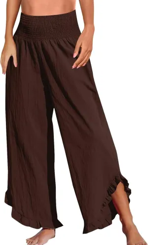 Wide Leg Linen Pants for Women Casual Summer High Waisted Palazzo Pants Baggy Ruffle Hem Vacation Beach Pants