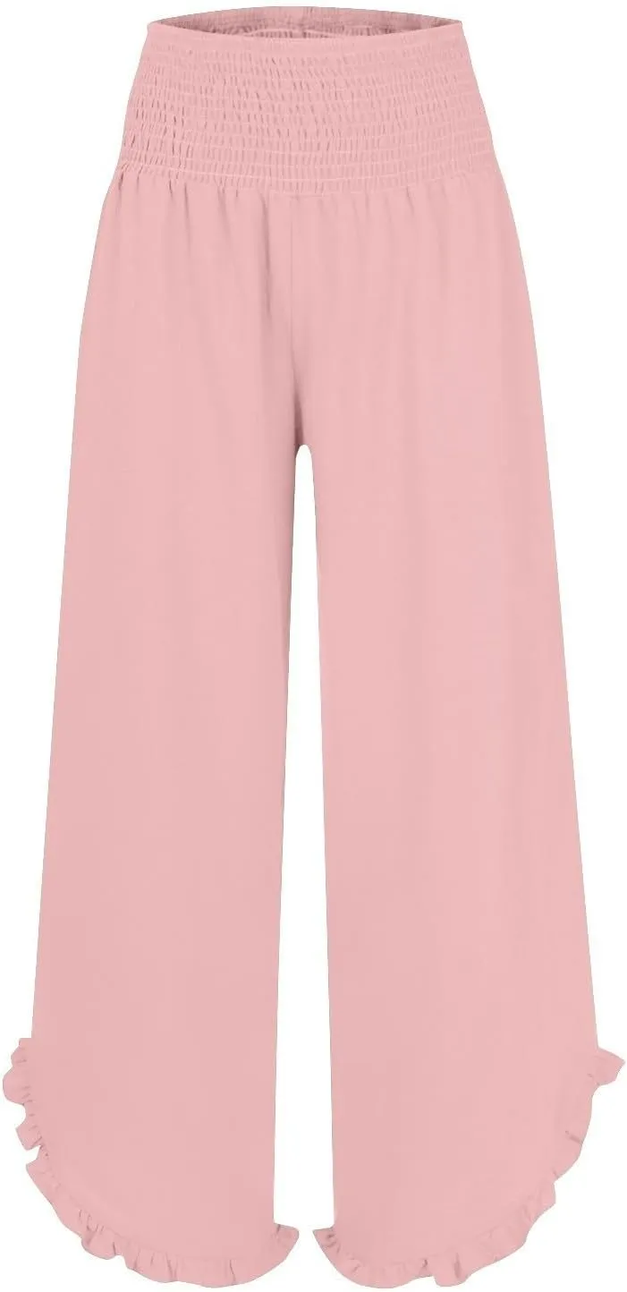 Wide Leg Linen Pants for Women Casual Summer High Waisted Palazzo Pants Baggy Ruffle Hem Vacation Beach Pants