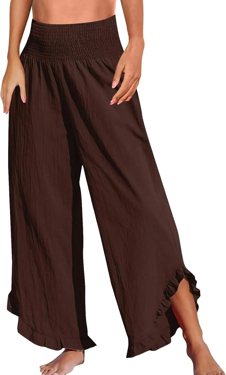 Wide Leg Linen Pants for Women Casual Summer High Waisted Palazzo Pants Baggy Ruffle Hem Vacation Beach Pants