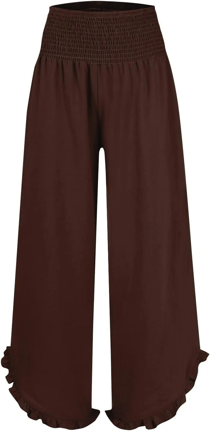 Wide Leg Linen Pants for Women Casual Summer High Waisted Palazzo Pants Baggy Ruffle Hem Vacation Beach Pants