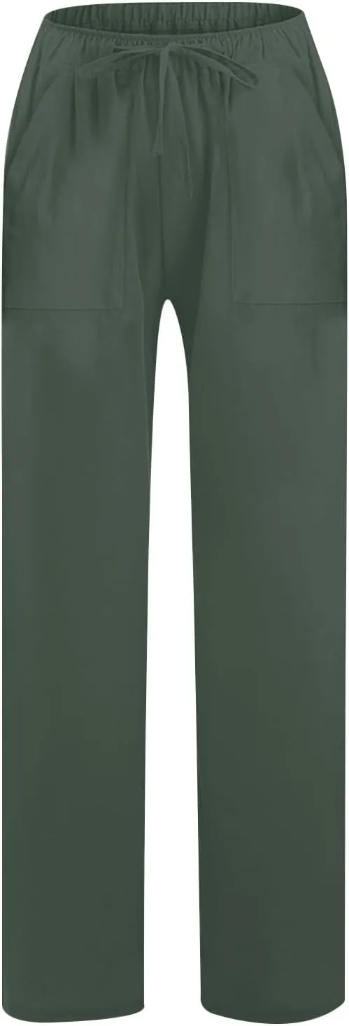 Wide Leg Linen Pants for Women Loose Summer Drawstring High Waist Casual Pants Vacation Lounge Trousers with Pockets