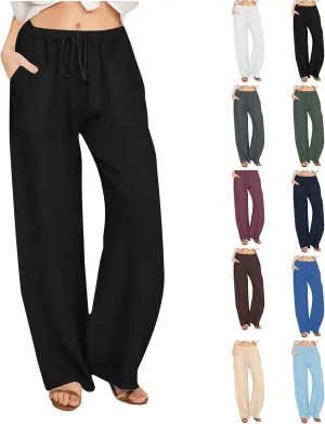 Wide Leg Linen Pants for Women Loose Summer Drawstring High Waist Casual Pants Vacation Lounge Trousers with Pockets