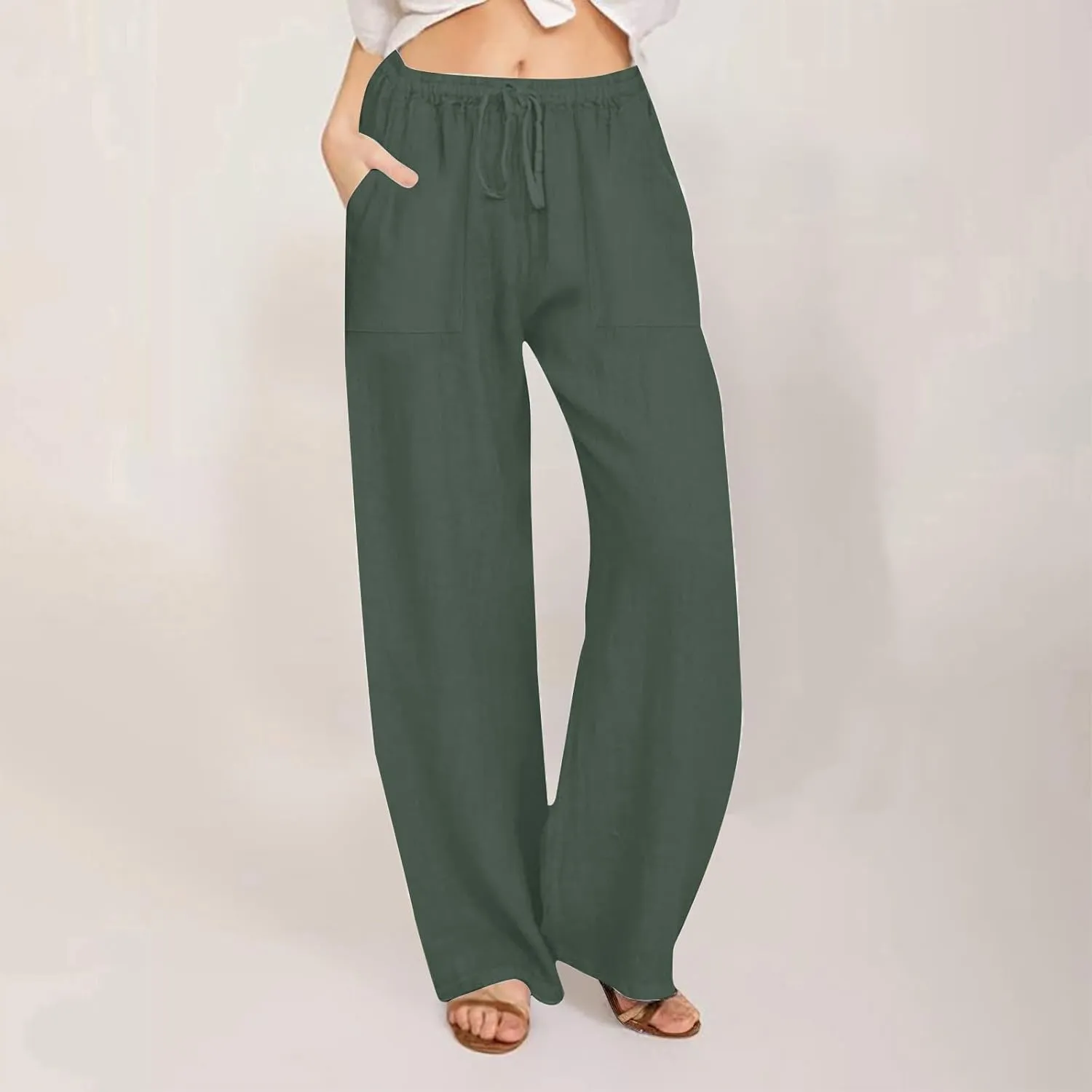 Wide Leg Linen Pants for Women Loose Summer Drawstring High Waist Casual Pants Vacation Lounge Trousers with Pockets