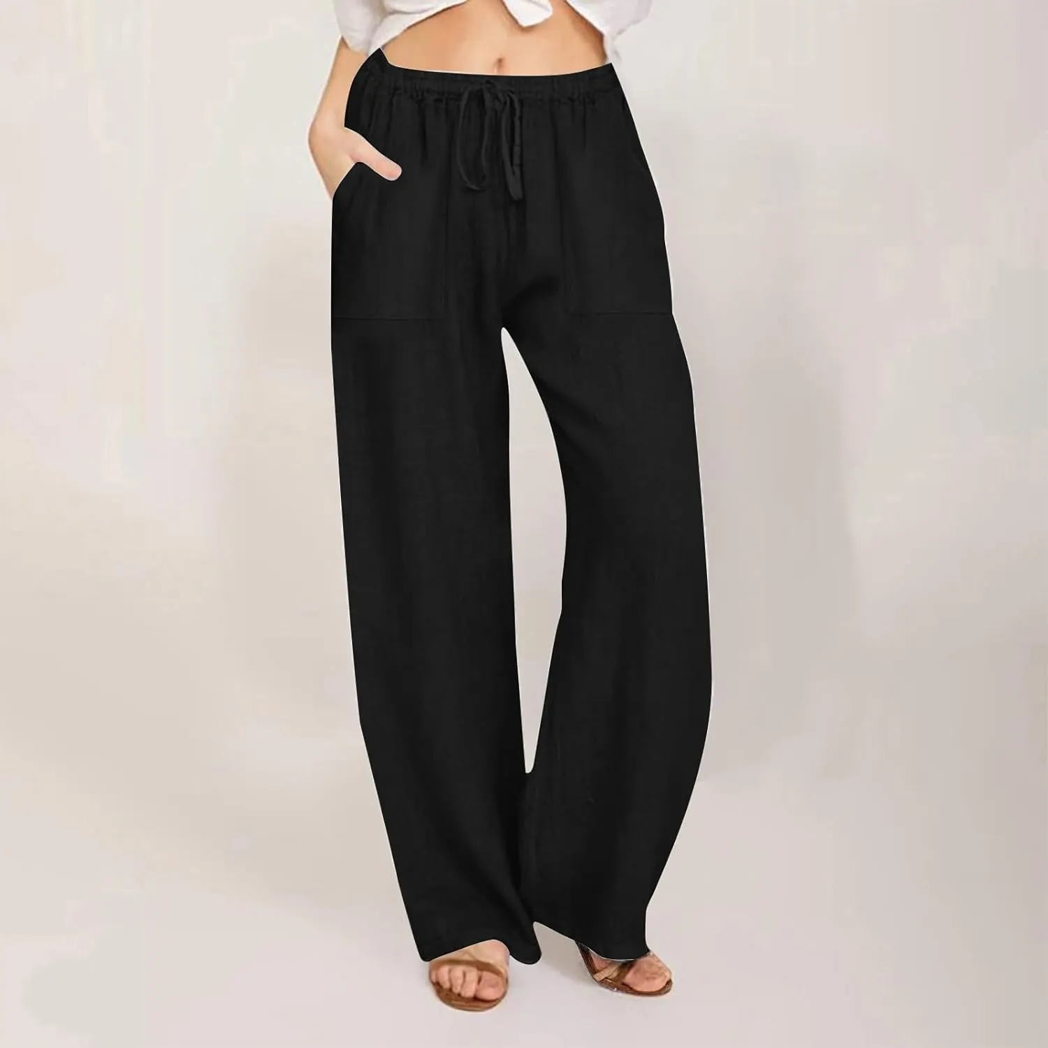 Wide Leg Linen Pants for Women Loose Summer Drawstring High Waist Casual Pants Vacation Lounge Trousers with Pockets