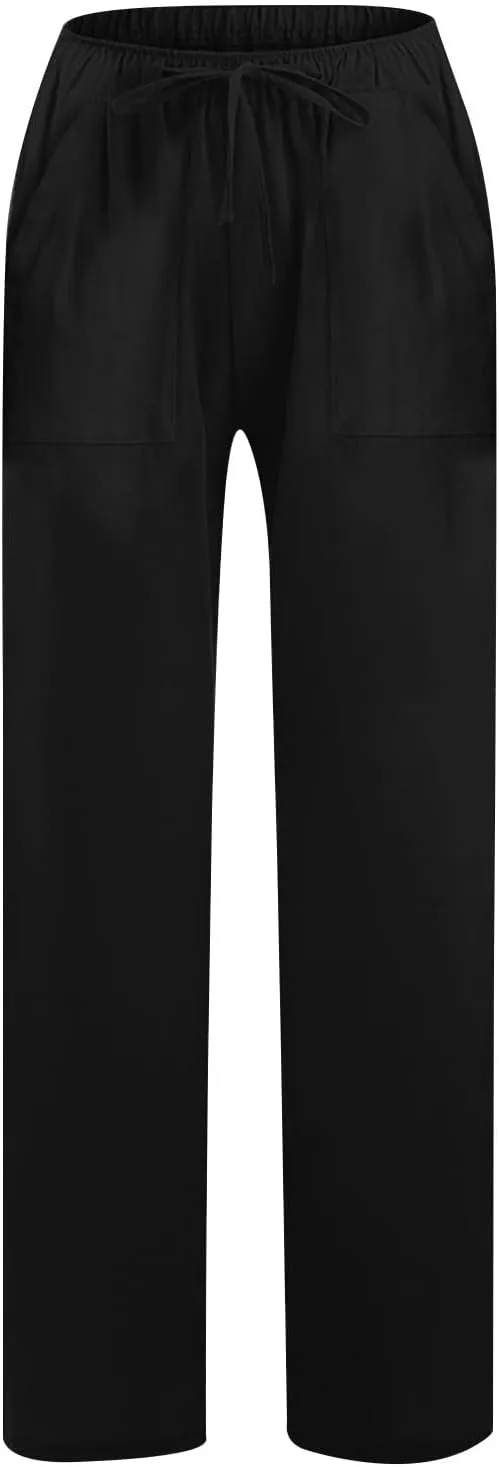 Wide Leg Linen Pants for Women Loose Summer Drawstring High Waist Casual Pants Vacation Lounge Trousers with Pockets