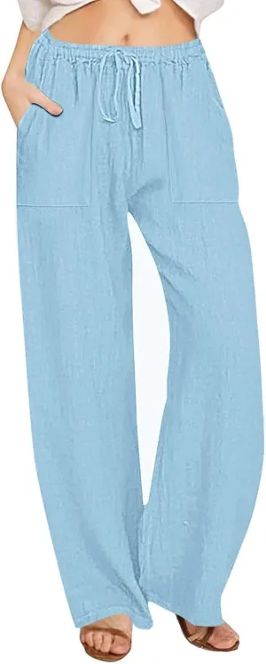 Wide Leg Linen Pants for Women Loose Summer Drawstring High Waist Casual Pants Vacation Lounge Trousers with Pockets