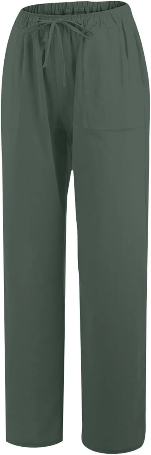 Wide Leg Linen Pants for Women Loose Summer Drawstring High Waist Casual Pants Vacation Lounge Trousers with Pockets