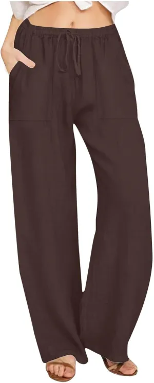 Wide Leg Linen Pants for Women Loose Summer Drawstring High Waist Casual Pants Vacation Lounge Trousers with Pockets