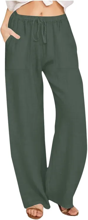 Wide Leg Linen Pants for Women Loose Summer Drawstring High Waist Casual Pants Vacation Lounge Trousers with Pockets