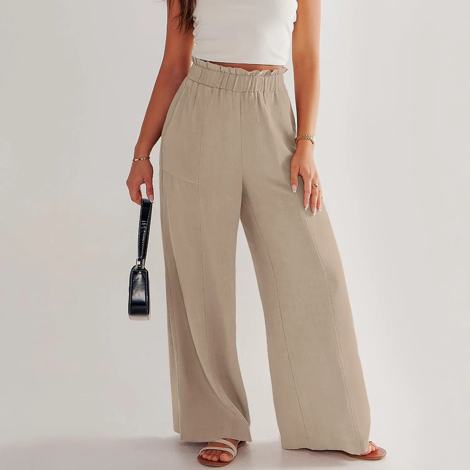 Wide Leg Palazzo Pants for Women Casual Loose High Waisted Summer Beach Pants Comfy Soft Dress Pant with Pockets