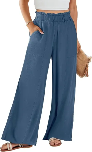 Wide Leg Palazzo Pants for Women Casual Loose High Waisted Summer Beach Pants Comfy Soft Dress Pant with Pockets