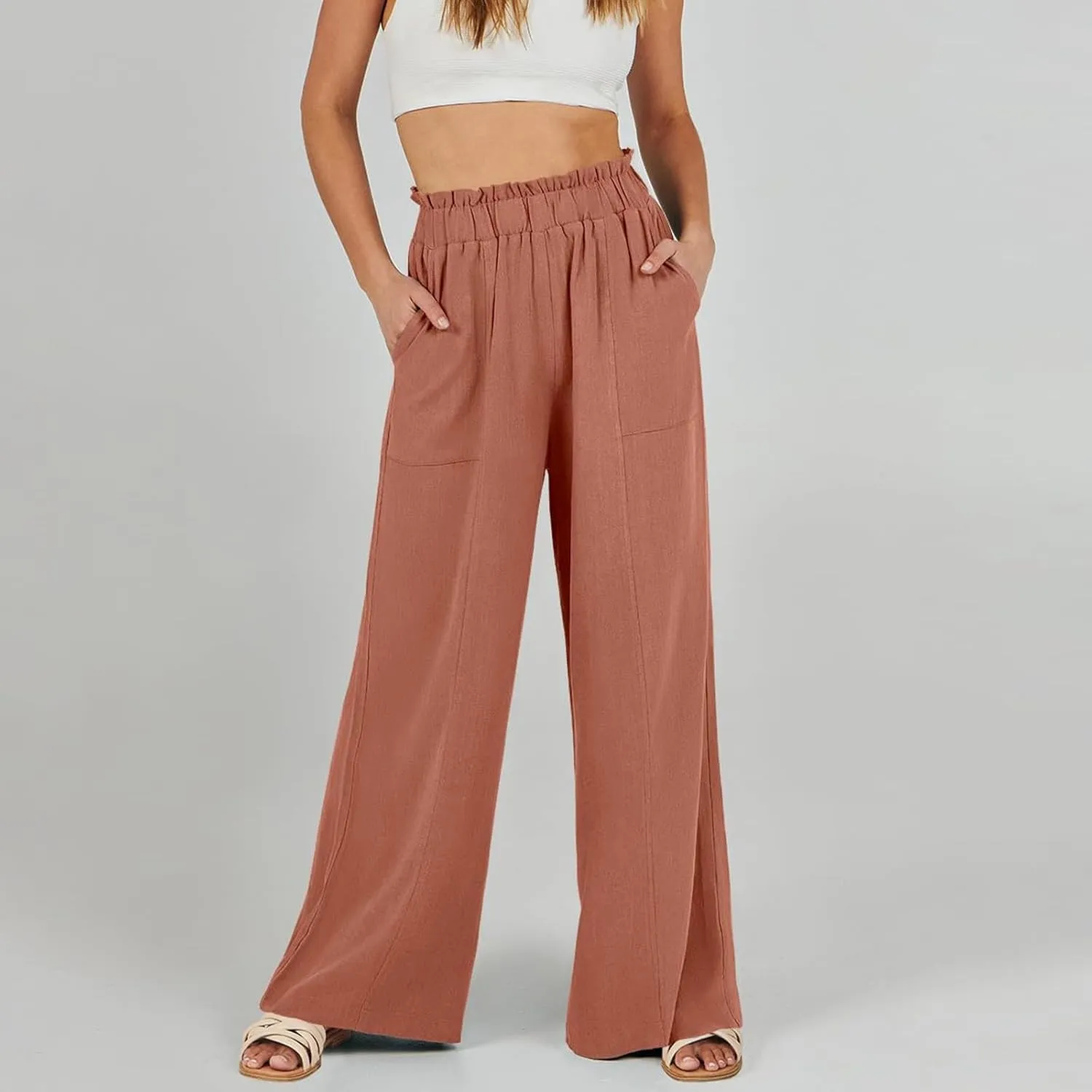 Wide Leg Palazzo Pants for Women Casual Loose High Waisted Summer Beach Pants Comfy Soft Dress Pant with Pockets
