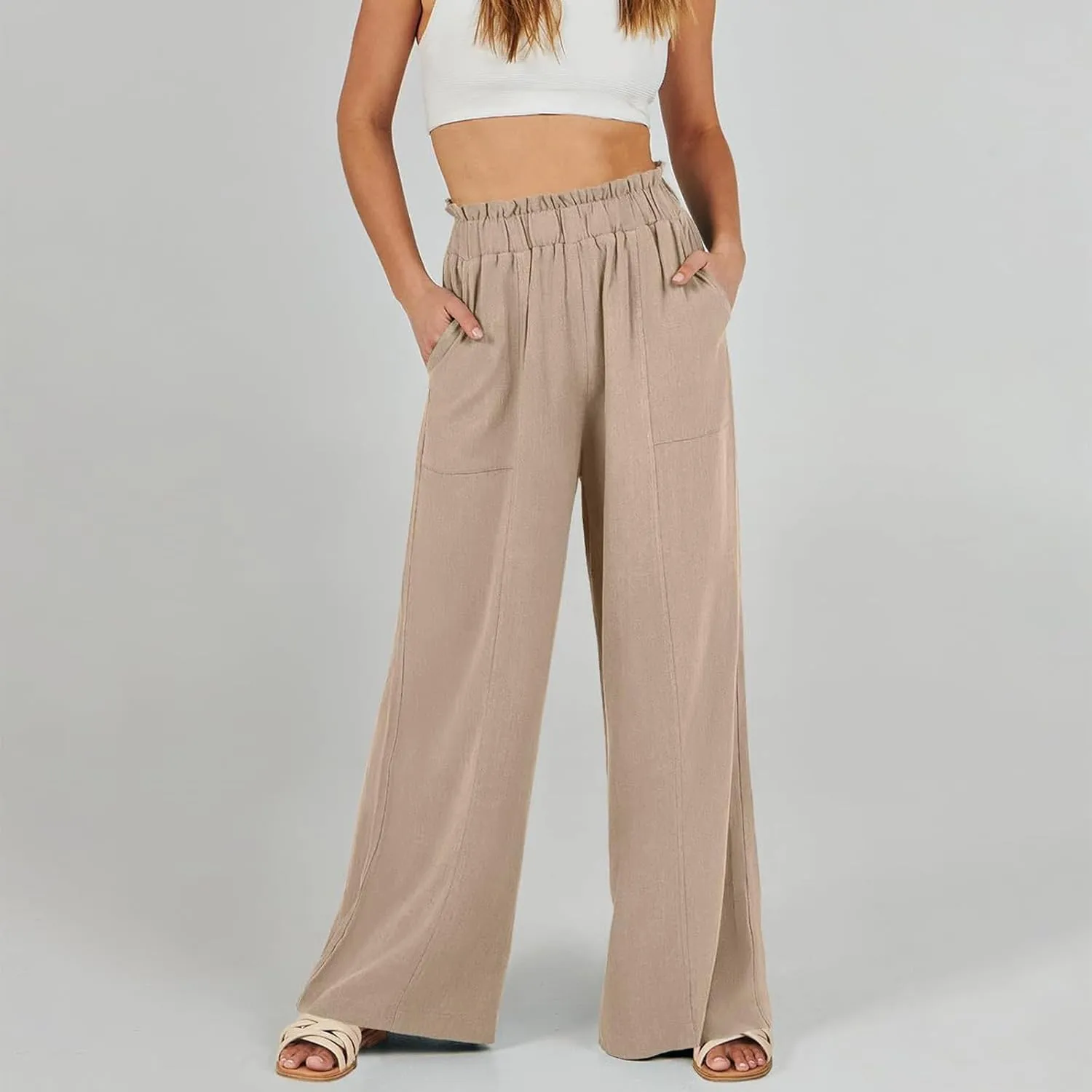Wide Leg Palazzo Pants for Women Casual Loose High Waisted Summer Beach Pants Comfy Soft Dress Pant with Pockets