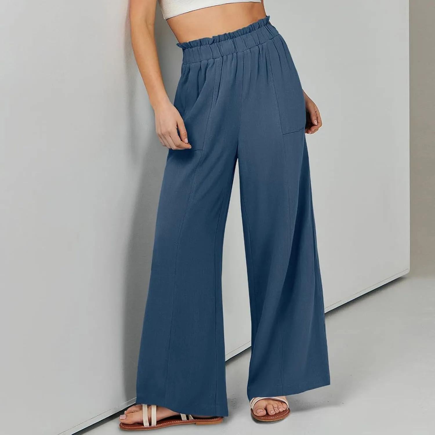 Wide Leg Palazzo Pants for Women Casual Loose High Waisted Summer Beach Pants Comfy Soft Dress Pant with Pockets