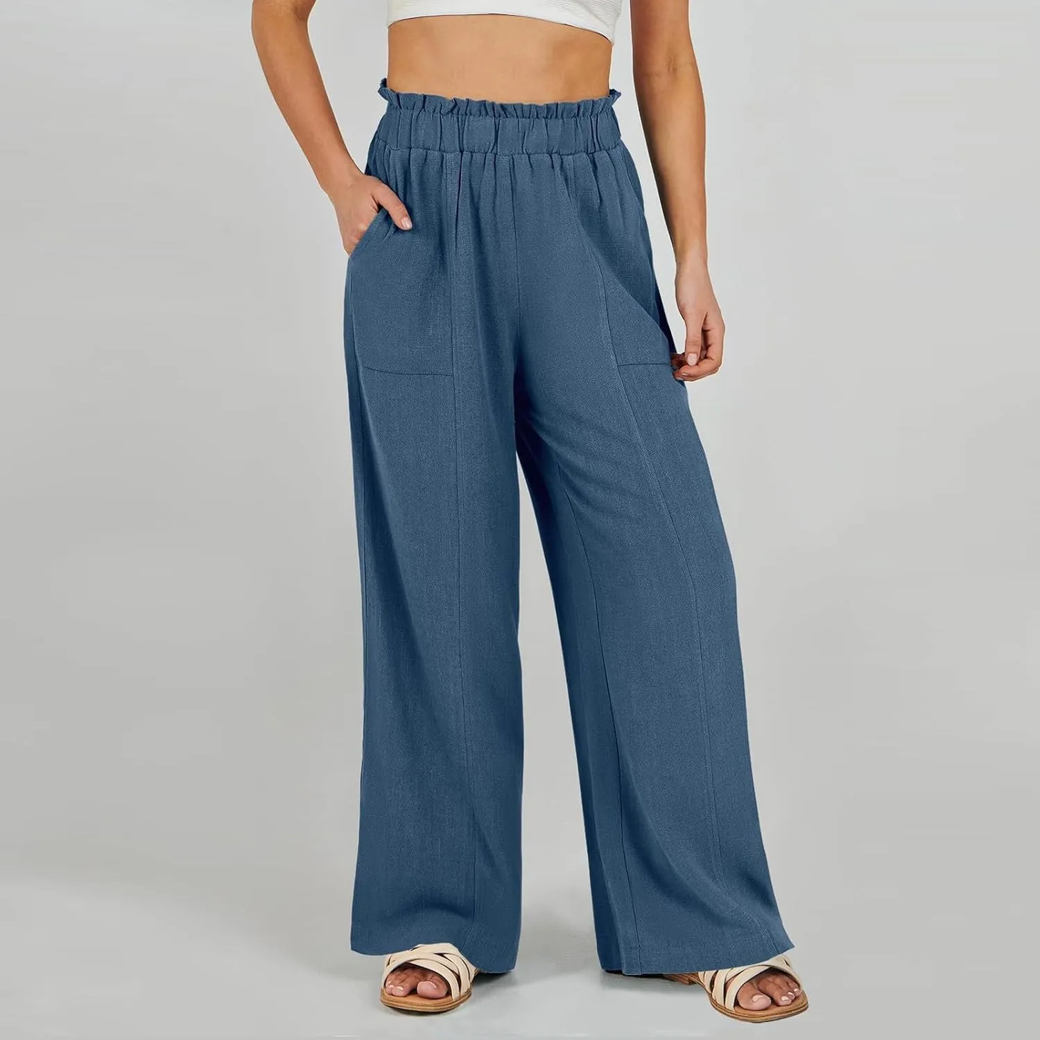Wide Leg Palazzo Pants for Women Casual Loose High Waisted Summer Beach Pants Comfy Soft Dress Pant with Pockets