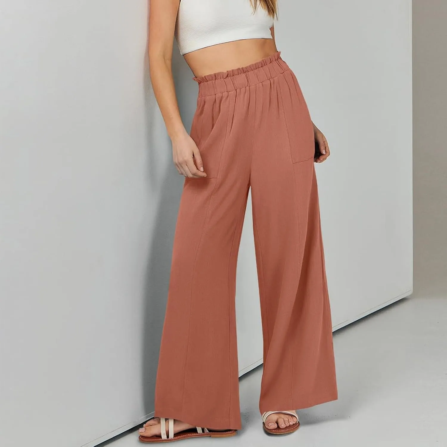 Wide Leg Palazzo Pants for Women Casual Loose High Waisted Summer Beach Pants Comfy Soft Dress Pant with Pockets