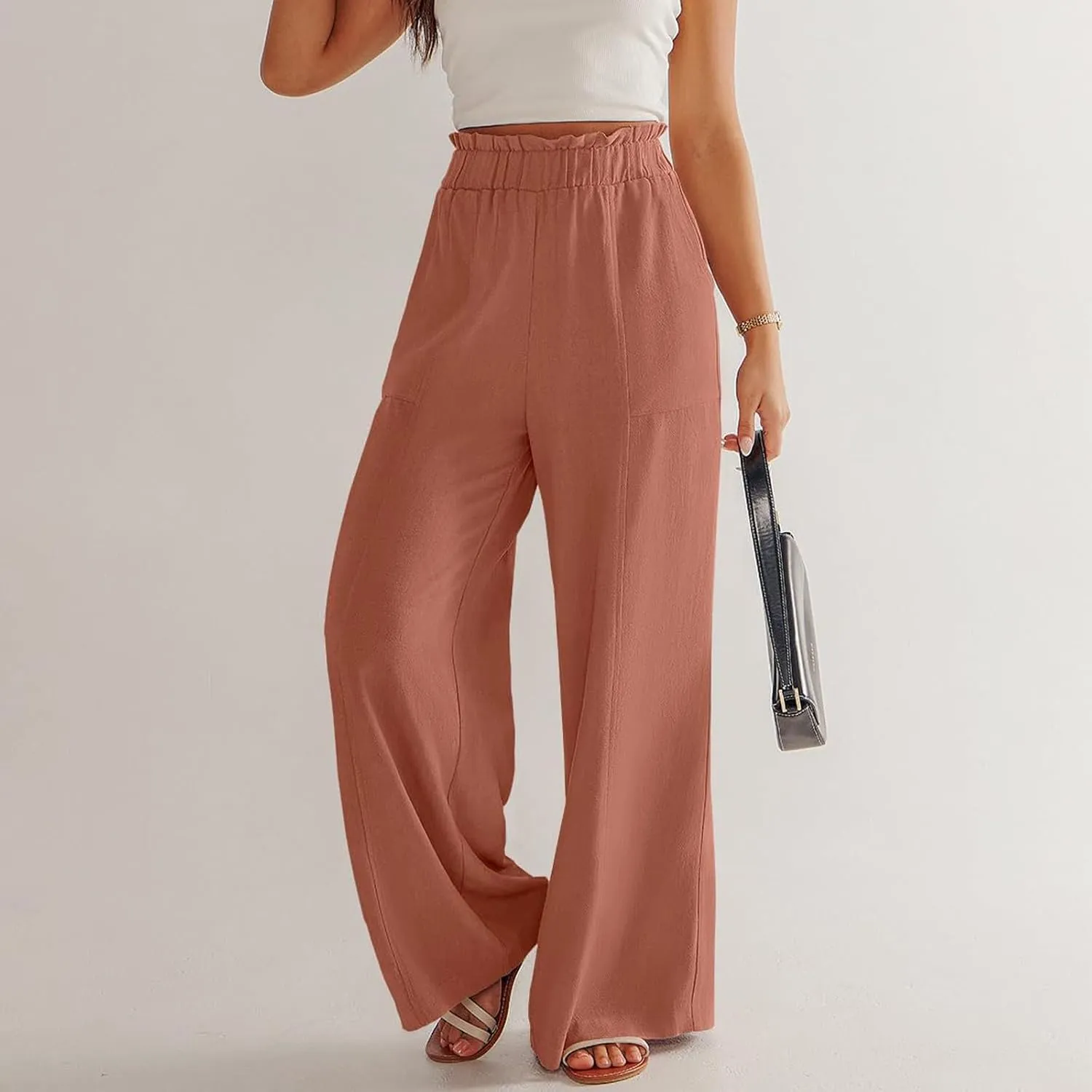 Wide Leg Palazzo Pants for Women Casual Loose High Waisted Summer Beach Pants Comfy Soft Dress Pant with Pockets
