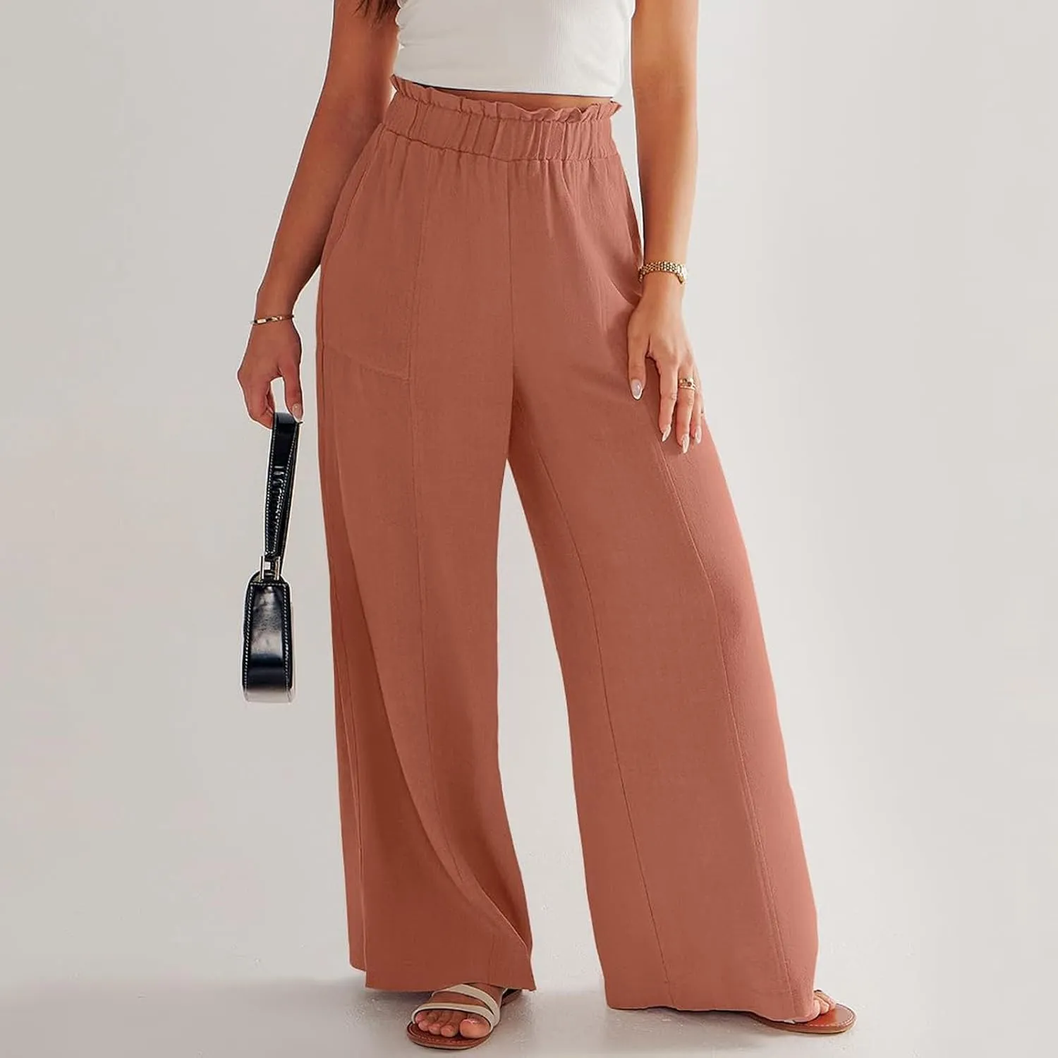 Wide Leg Palazzo Pants for Women Casual Loose High Waisted Summer Beach Pants Comfy Soft Dress Pant with Pockets