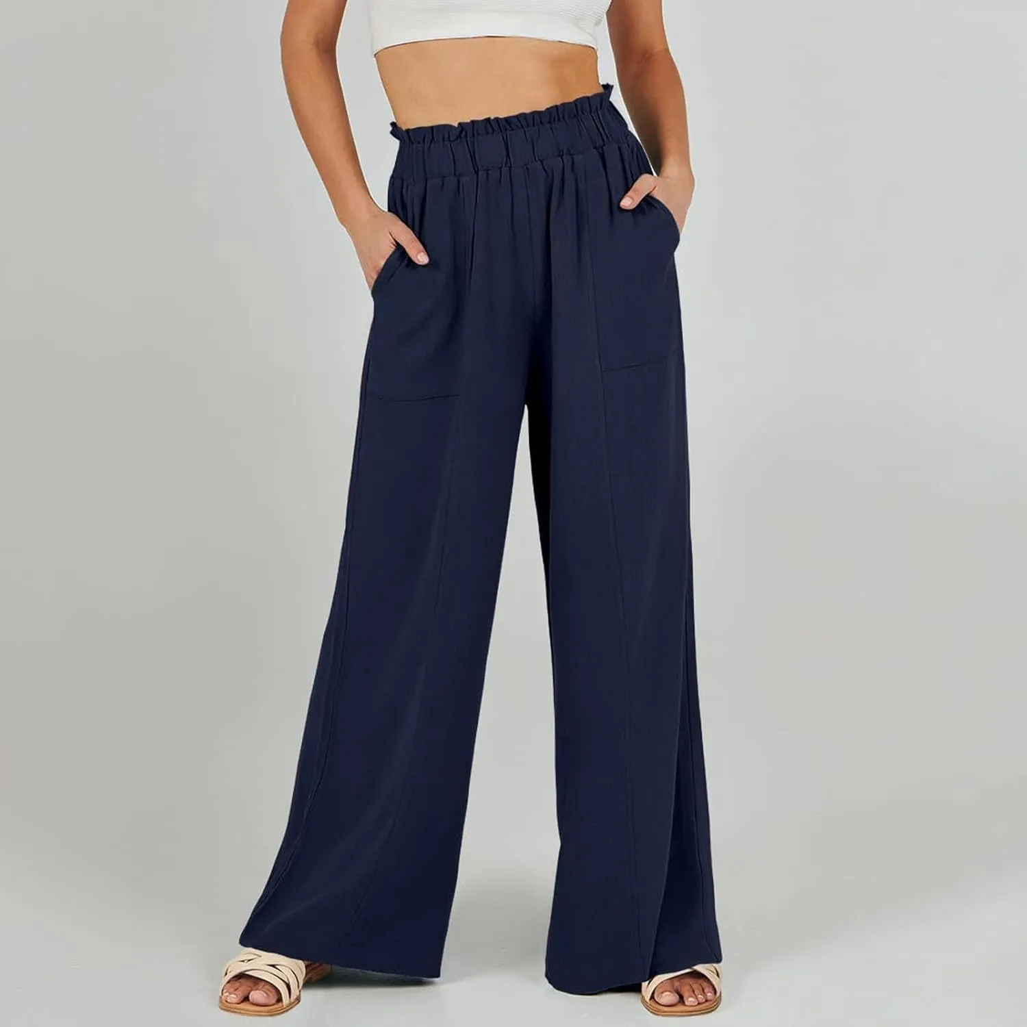 Wide Leg Palazzo Pants for Women Casual Loose High Waisted Summer Beach Pants Comfy Soft Dress Pant with Pockets