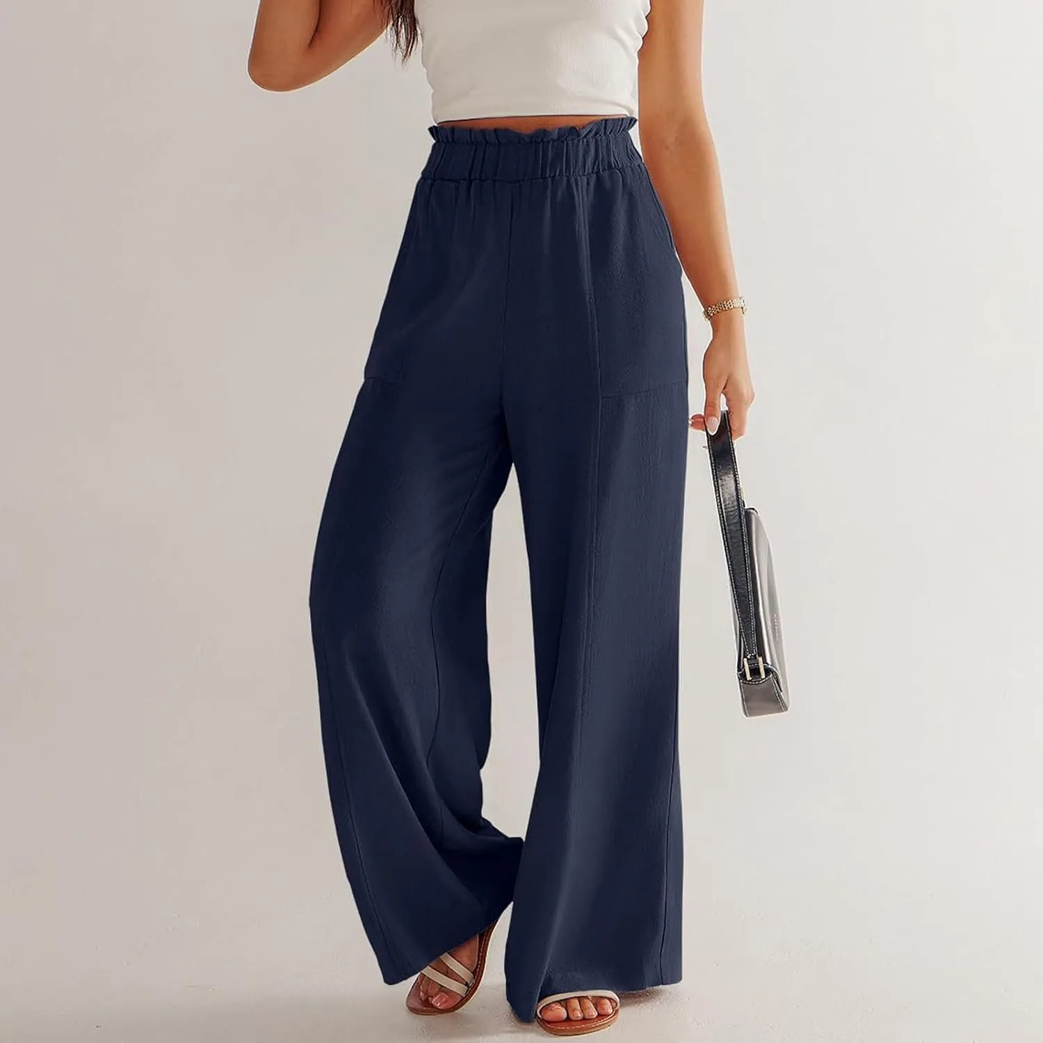 Wide Leg Palazzo Pants for Women Casual Loose High Waisted Summer Beach Pants Comfy Soft Dress Pant with Pockets