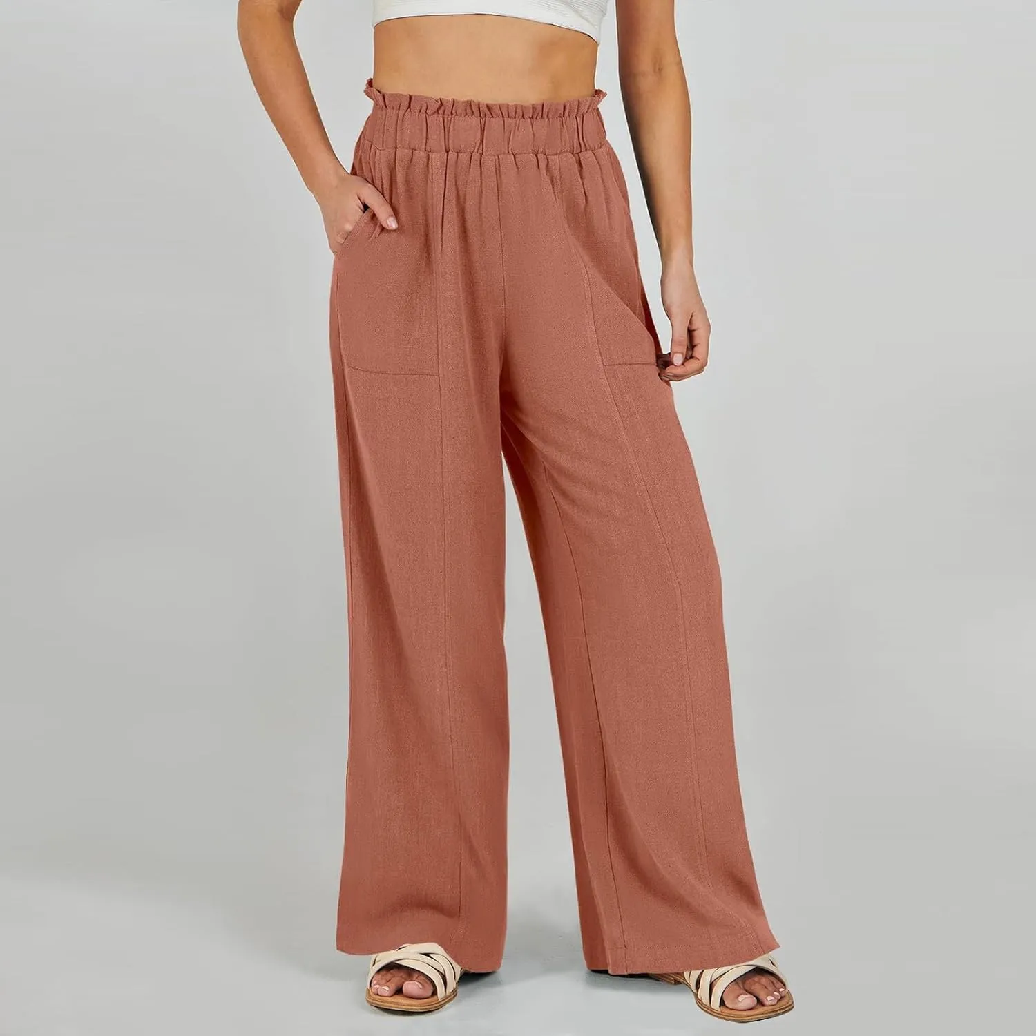Wide Leg Palazzo Pants for Women Casual Loose High Waisted Summer Beach Pants Comfy Soft Dress Pant with Pockets