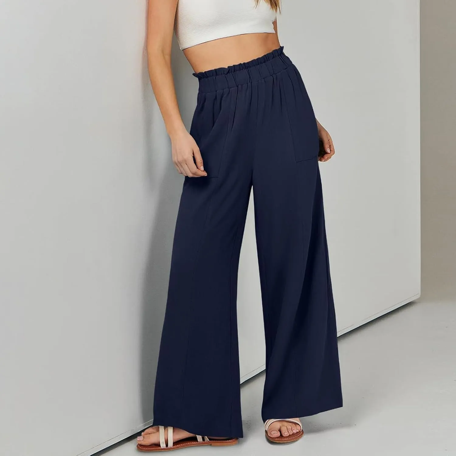 Wide Leg Palazzo Pants for Women Casual Loose High Waisted Summer Beach Pants Comfy Soft Dress Pant with Pockets