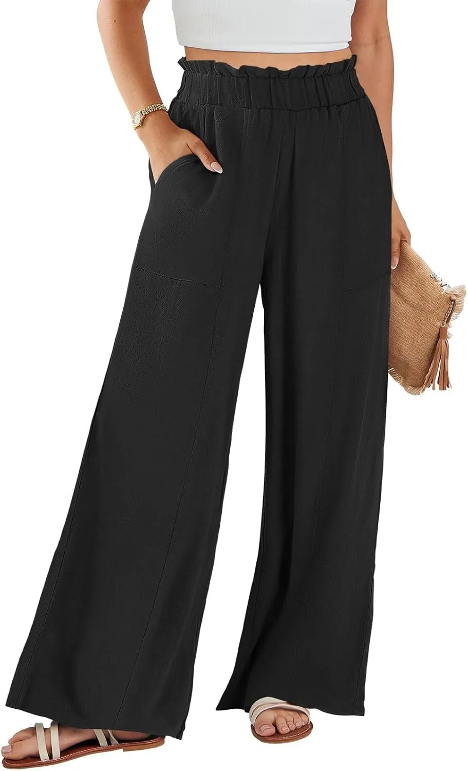 Wide Leg Palazzo Pants for Women Casual Loose High Waisted Summer Beach Pants Comfy Soft Dress Pant with Pockets