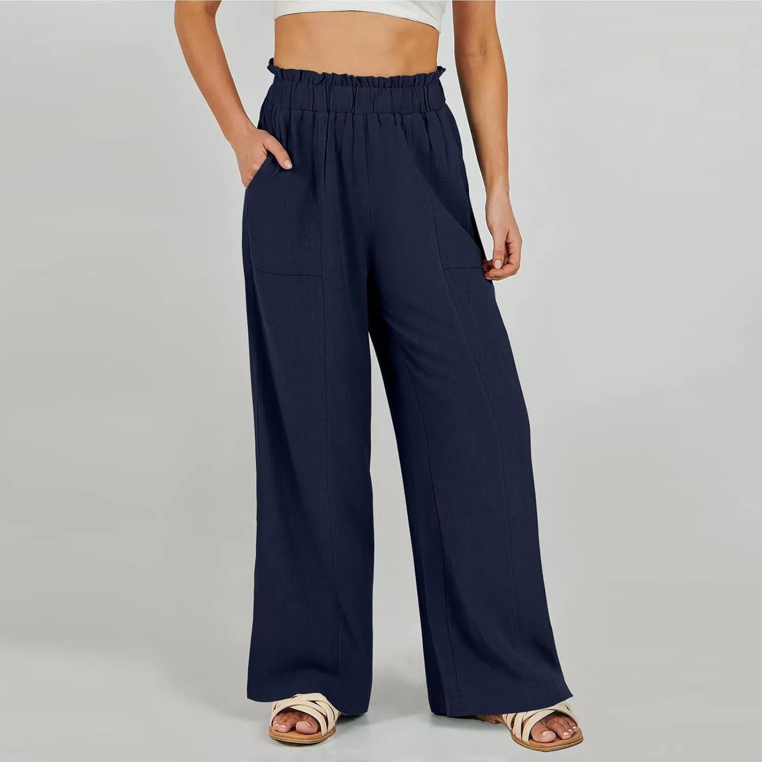 Wide Leg Palazzo Pants for Women Casual Loose High Waisted Summer Beach Pants Comfy Soft Dress Pant with Pockets