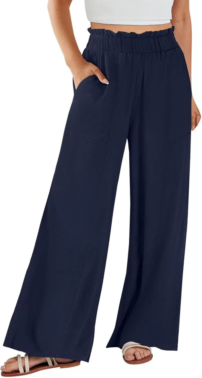 Wide Leg Palazzo Pants for Women Casual Loose High Waisted Summer Beach Pants Comfy Soft Dress Pant with Pockets
