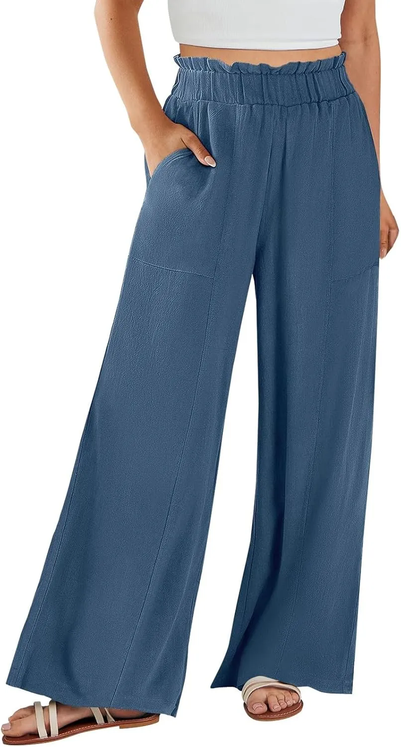 Wide Leg Palazzo Pants for Women Casual Loose High Waisted Summer Beach Pants Comfy Soft Dress Pant with Pockets