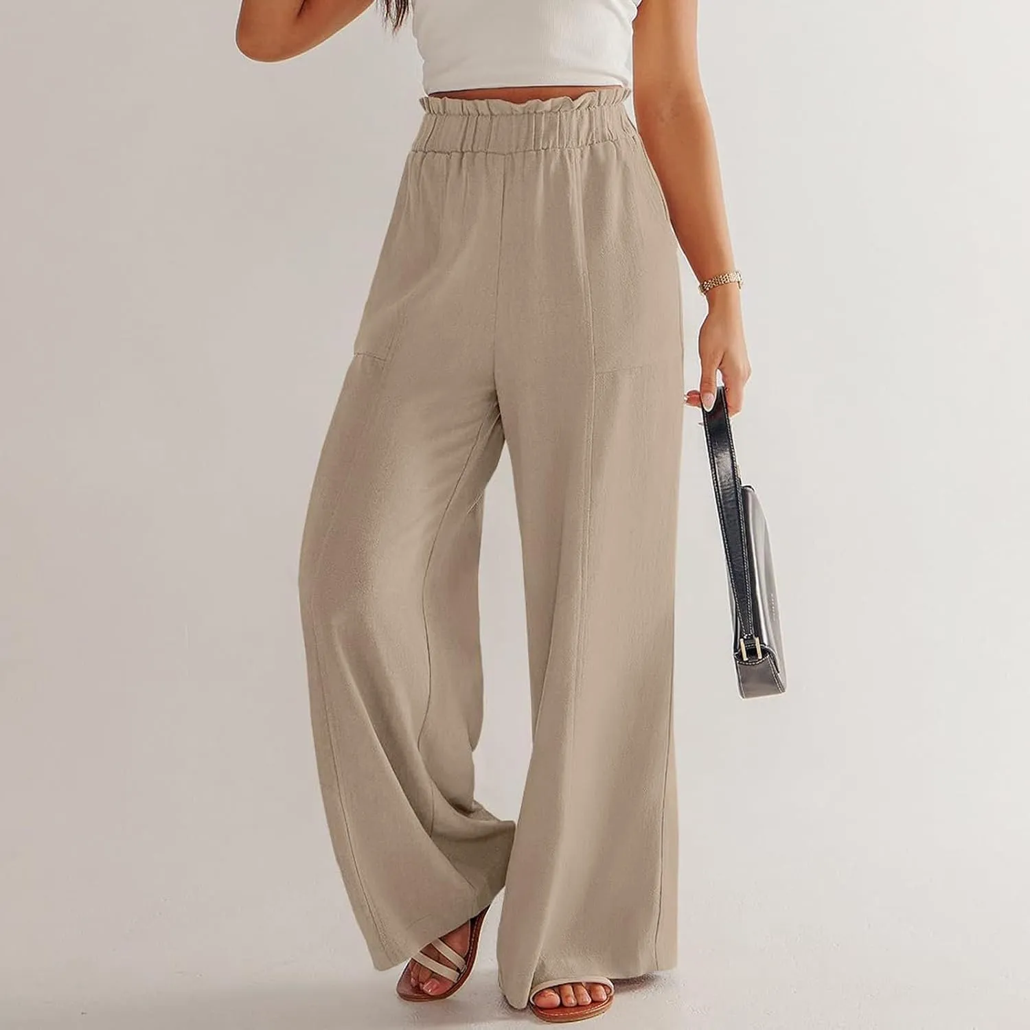 Wide Leg Palazzo Pants for Women Casual Loose High Waisted Summer Beach Pants Comfy Soft Dress Pant with Pockets