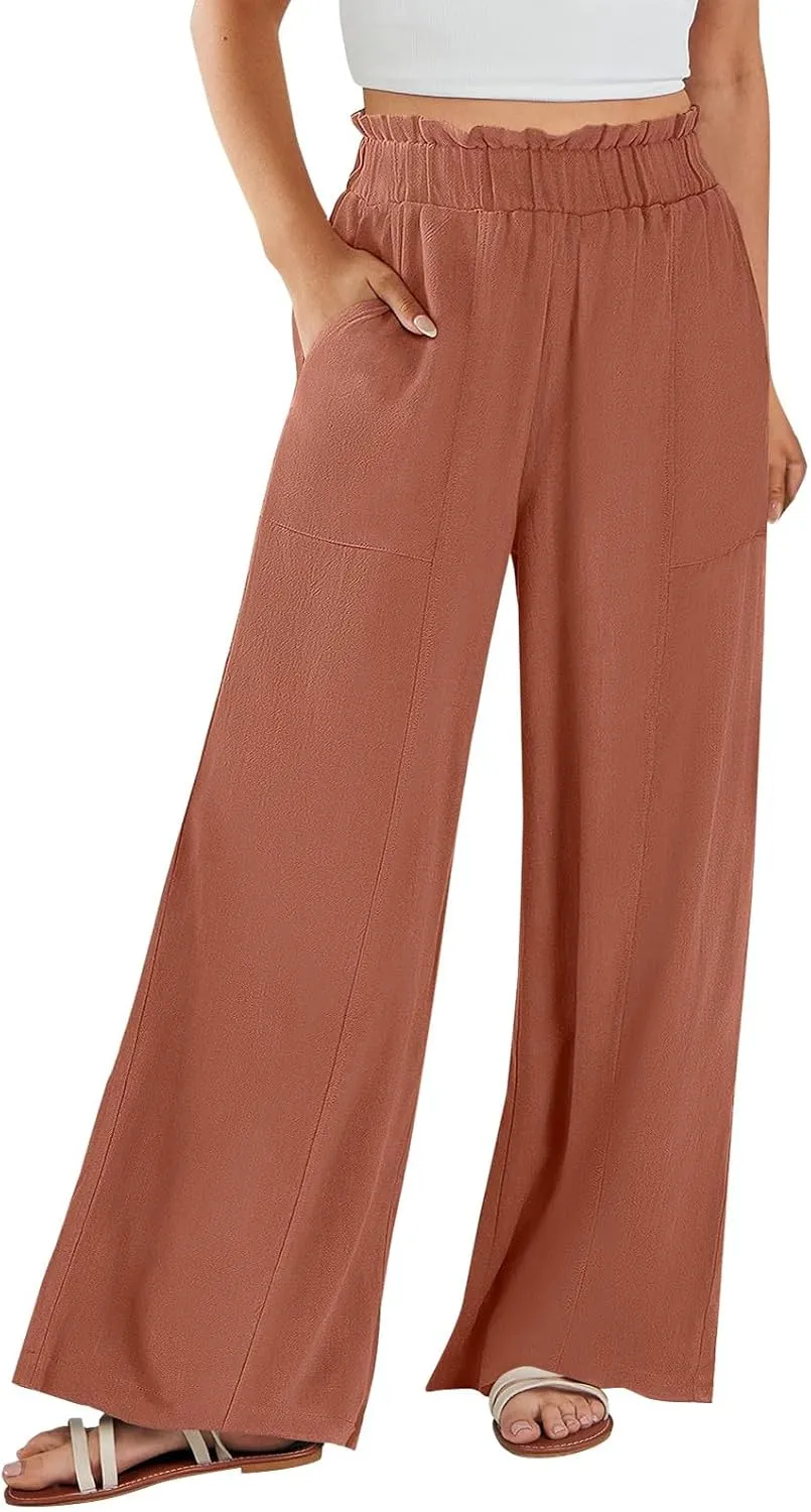 Wide Leg Palazzo Pants for Women Casual Loose High Waisted Summer Beach Pants Comfy Soft Dress Pant with Pockets
