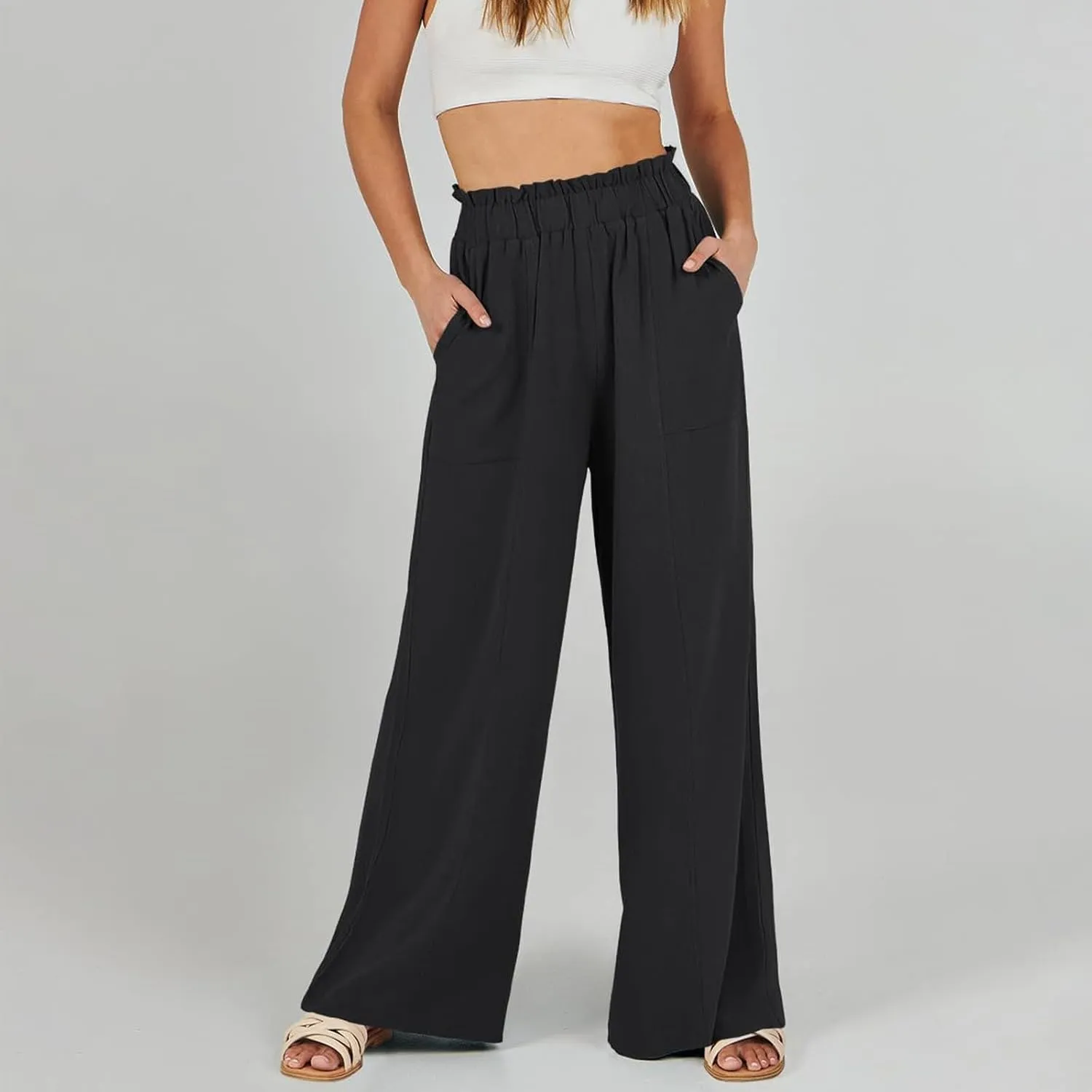 Wide Leg Palazzo Pants for Women Casual Loose High Waisted Summer Beach Pants Comfy Soft Dress Pant with Pockets